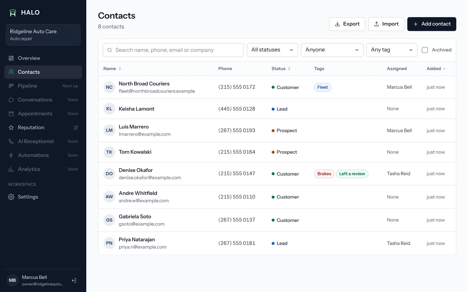 HALO contacts list with names, phone numbers, status, tags and who each customer is assigned to